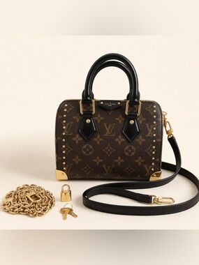 LV Speedy Bandouliere Monogram Studded Bag Black Leather Strap Gold Chain